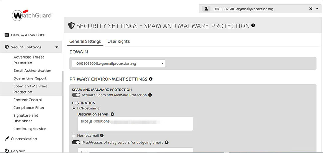 Screenshot of the Spam and Malware Protection settings
